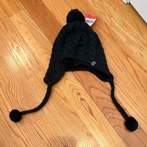 Women’s Black Cable Knit Pom & Earflap Hat with Braided Tassels